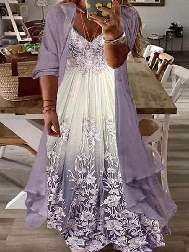 Floral V-Neck Print Plus Size Maxi Dress