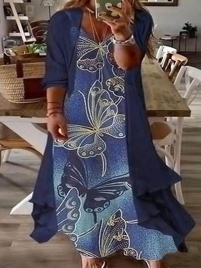 Floral V-Neck Print Plus Size Maxi Dress