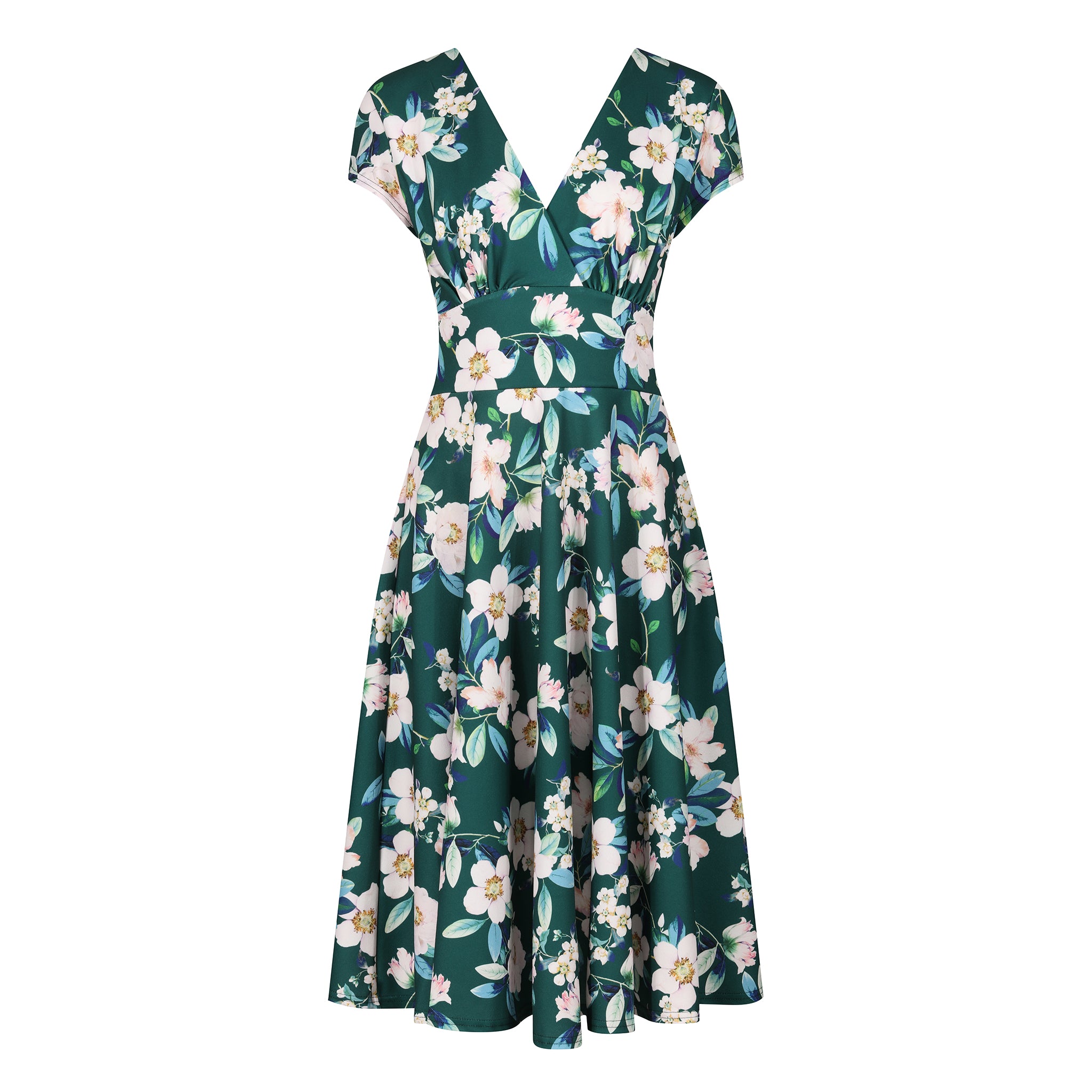 Forest Green Floral Vintage A Line Crossover Cap Sleeve Tea Swing Dress