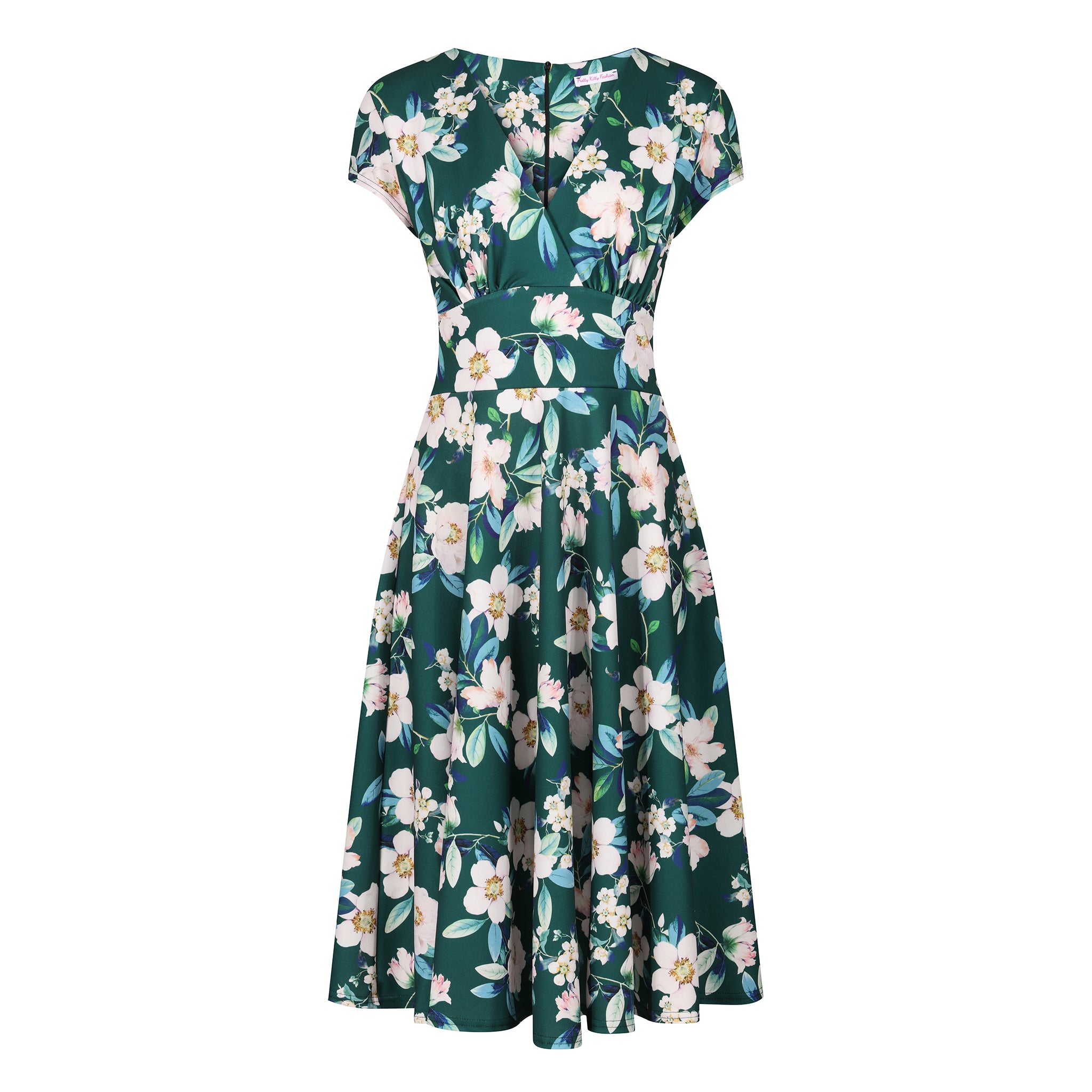 Forest Green Floral Vintage A Line Crossover Cap Sleeve Tea Swing Dress