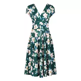 Forest Green Floral Vintage A Line Crossover Cap Sleeve Tea Swing Dress