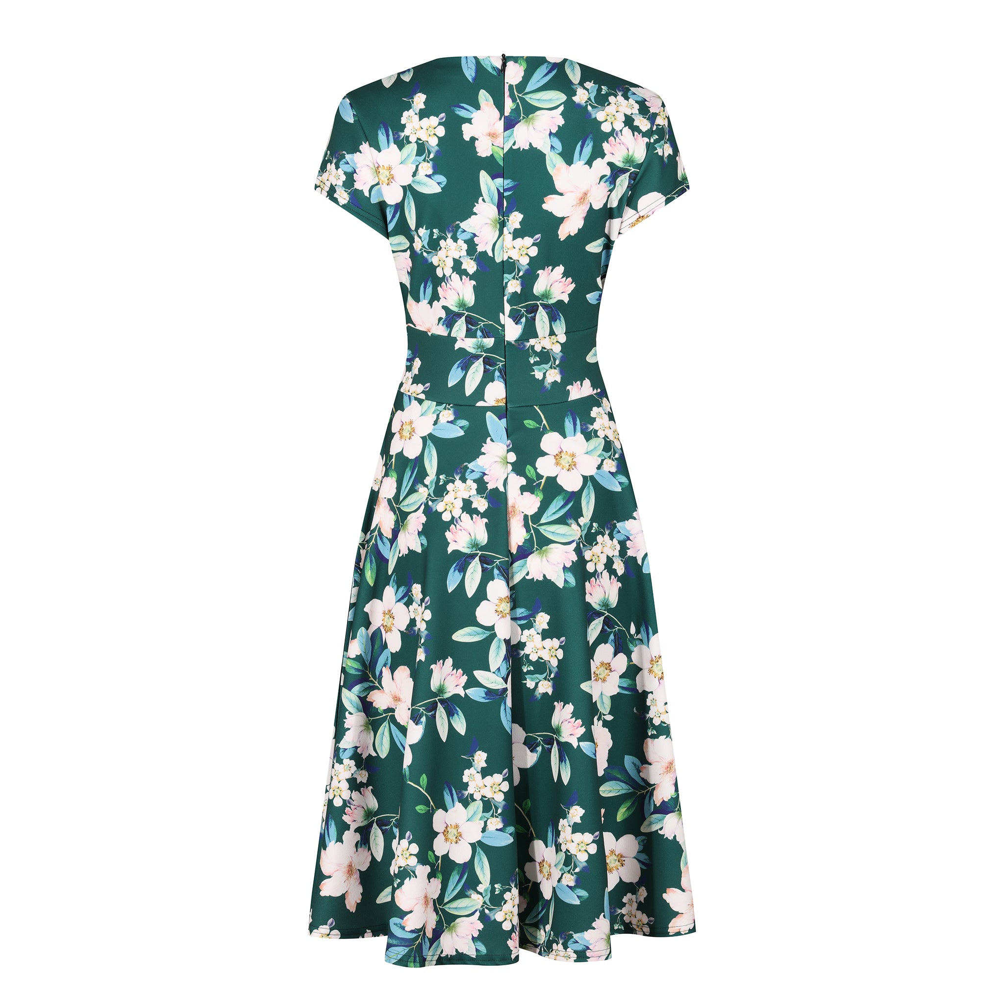 Forest Green Floral Vintage A Line Crossover Cap Sleeve Tea Swing Dress