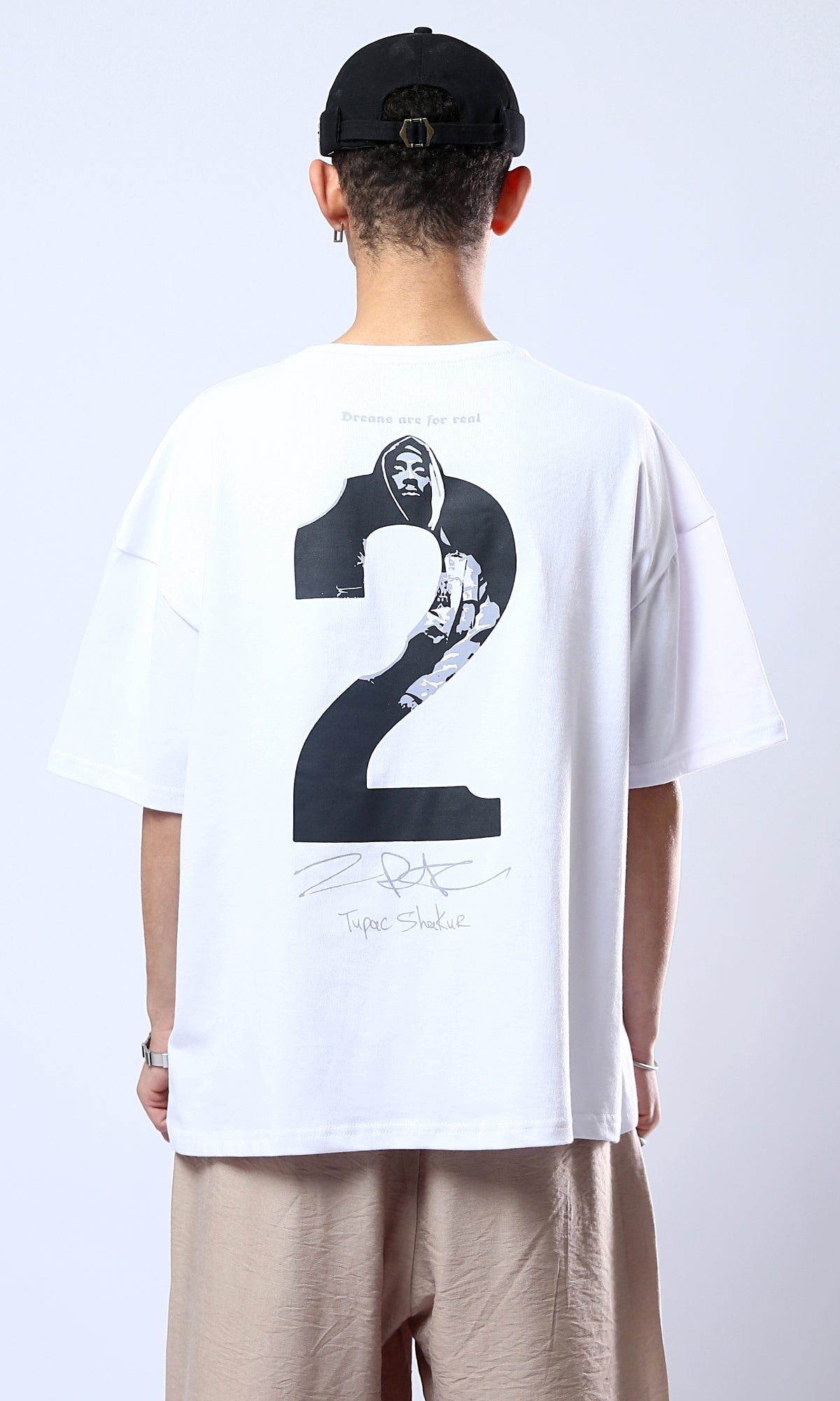 Front Print Back Elbow Sleeves Cotton White Tee