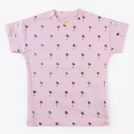 Girls Palm Tree T-Shirt, Light Pink, Cotton Jersey