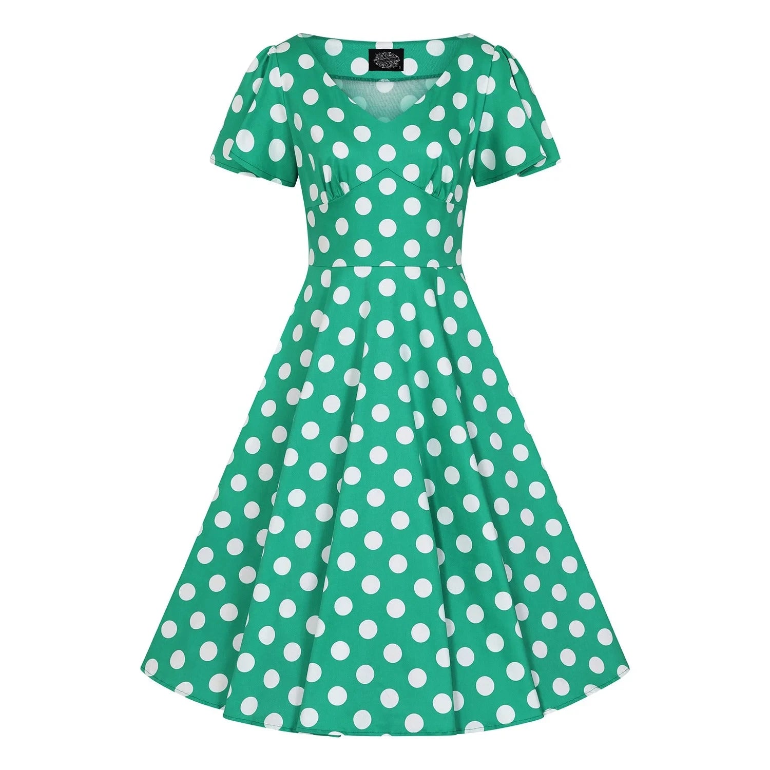 Green and White Polka Dot Short Sleeve 1950s Swing Tea Dress