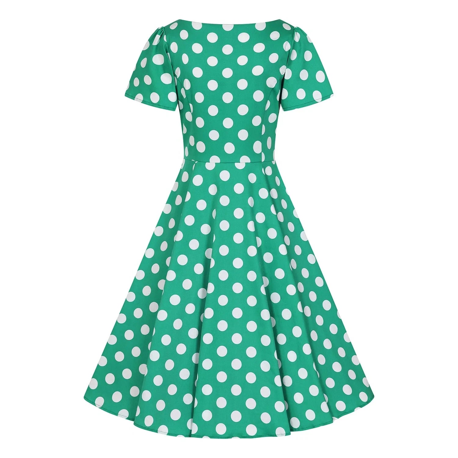 Green and White Polka Dot Short Sleeve 1950s Swing Tea Dress