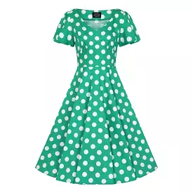 Green and White Polka Dot Short Sleeve 1950s Swing Tea Dress