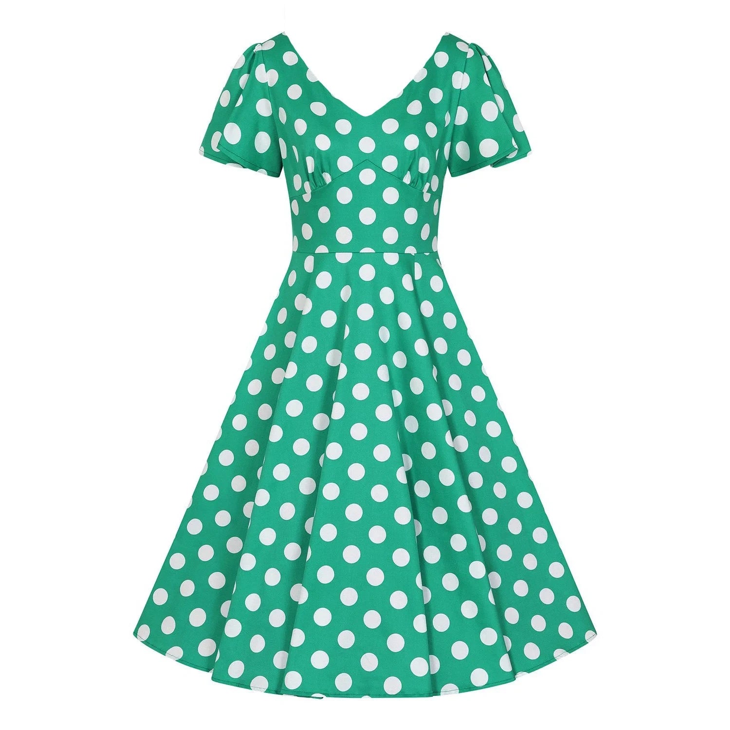 Green and White Polka Dot Short Sleeve 1950s Swing Tea Dress