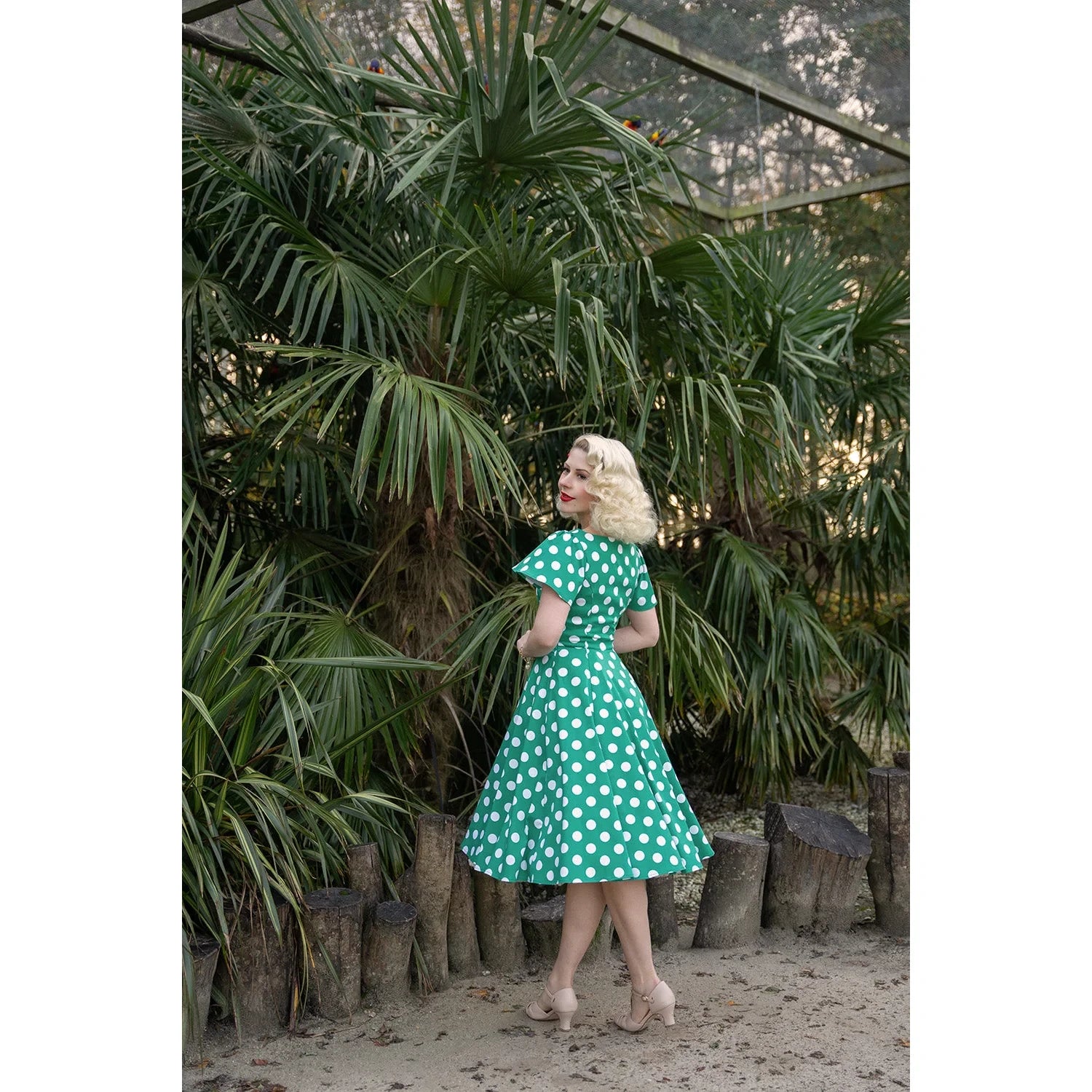 Green and White Polka Dot Short Sleeve 1950s Swing Tea Dress