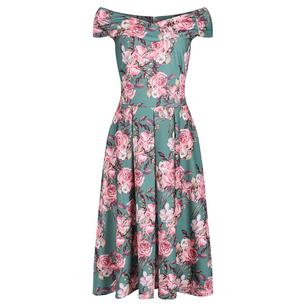 Green Floral Print Cap Sleeve Dress - 50s Swing Bardot Top - Google SEO