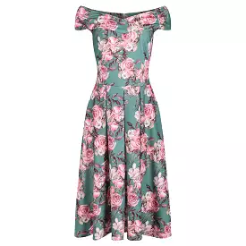 Green Floral Print Cap Sleeve Dress - 50s Swing Bardot Top - Google SEO