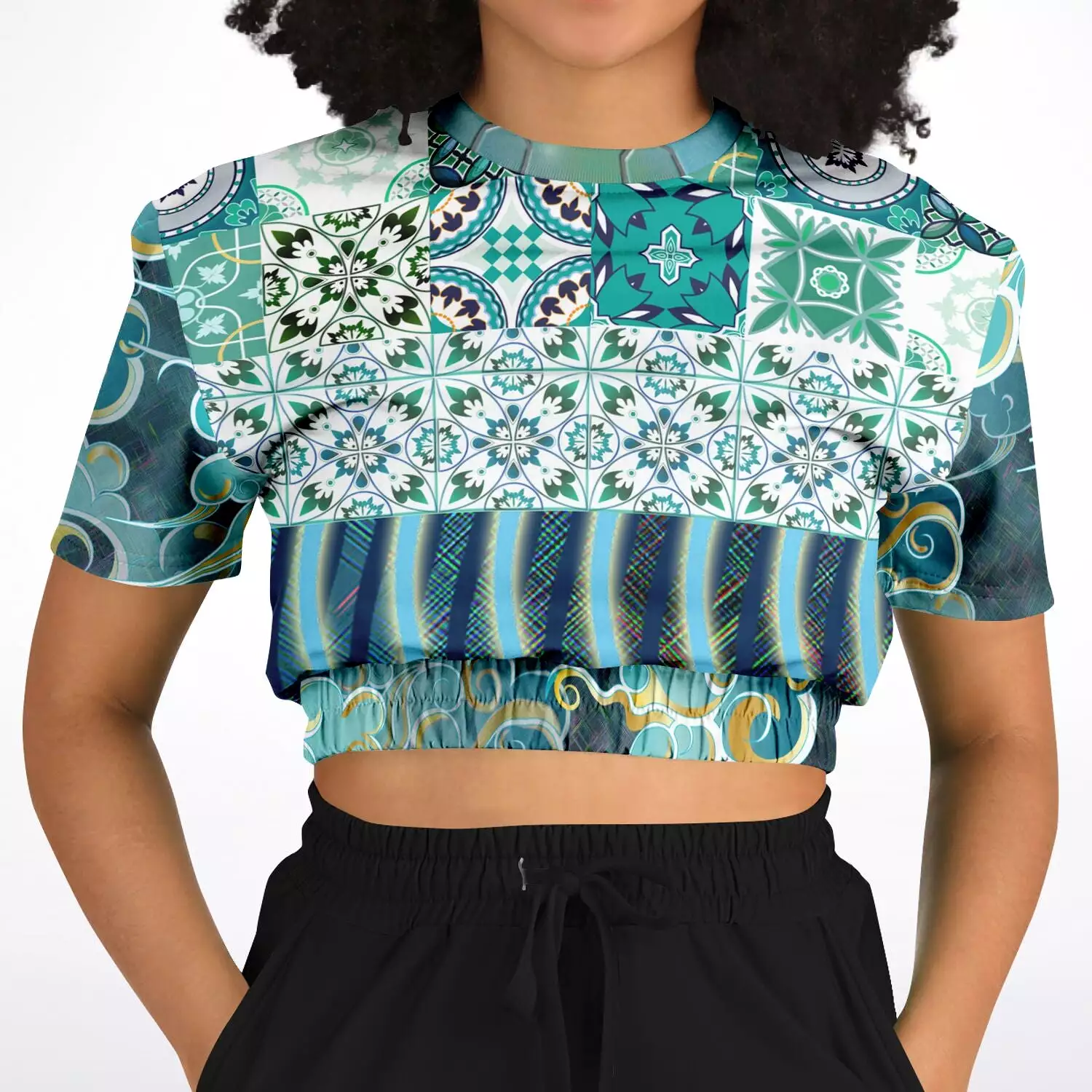 Green Meknes short sleeve cropped sweater made with eco-friendly polyester.