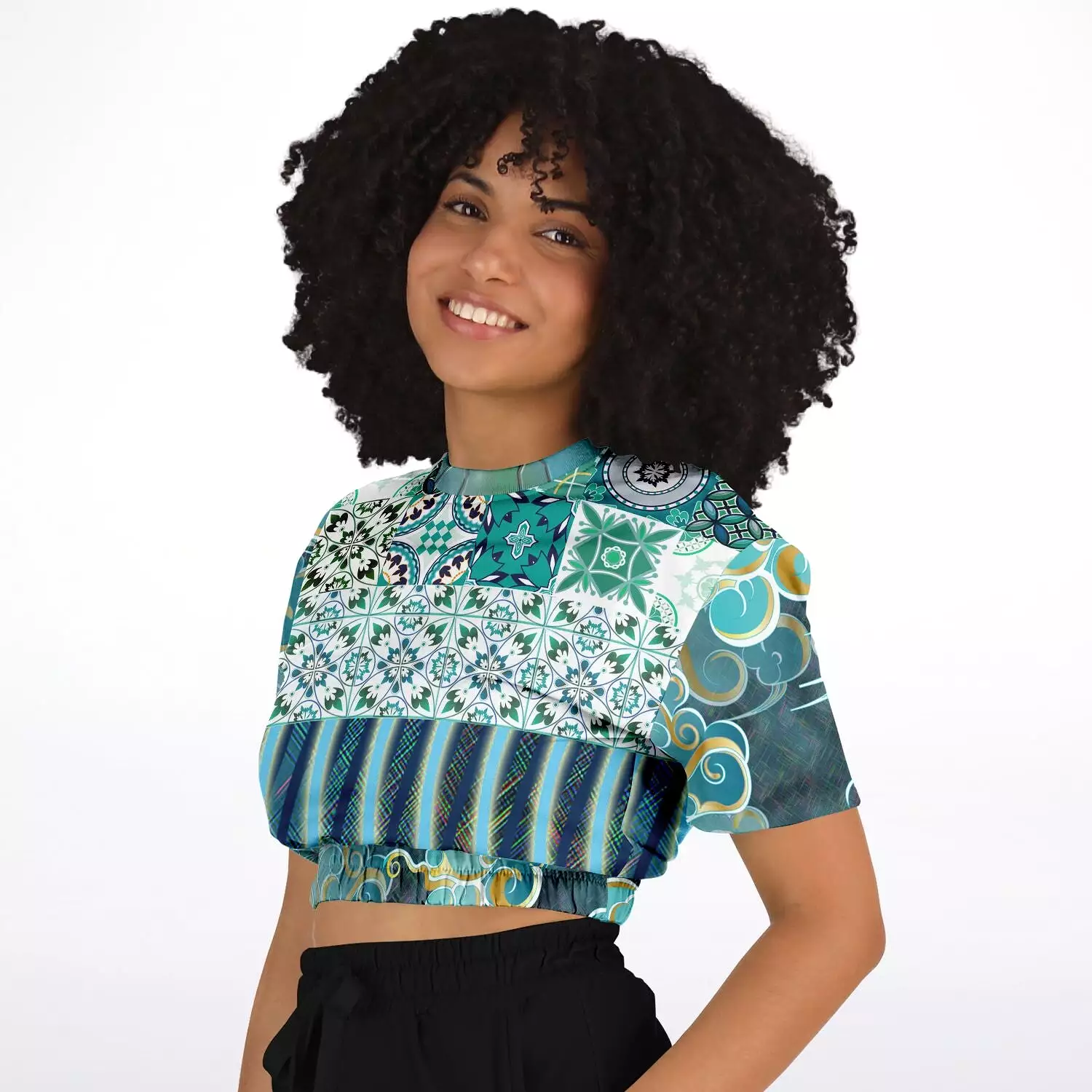 Green Meknes short sleeve cropped sweater made with eco-friendly polyester.