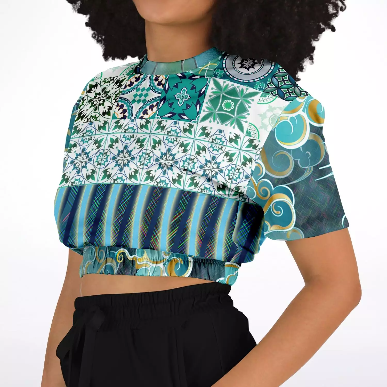 Green Meknes short sleeve cropped sweater made with eco-friendly polyester.