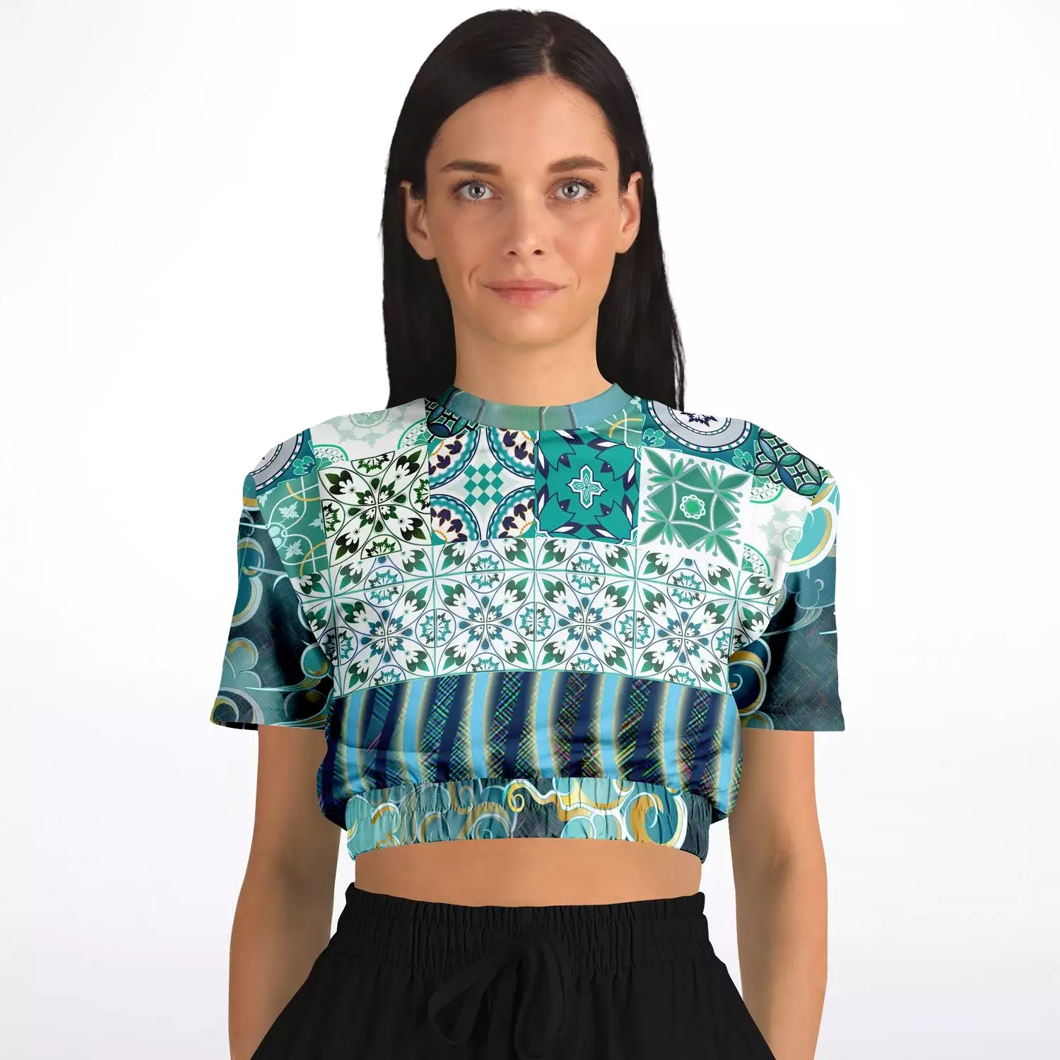 Green Meknes short sleeve cropped sweater made with eco-friendly polyester.