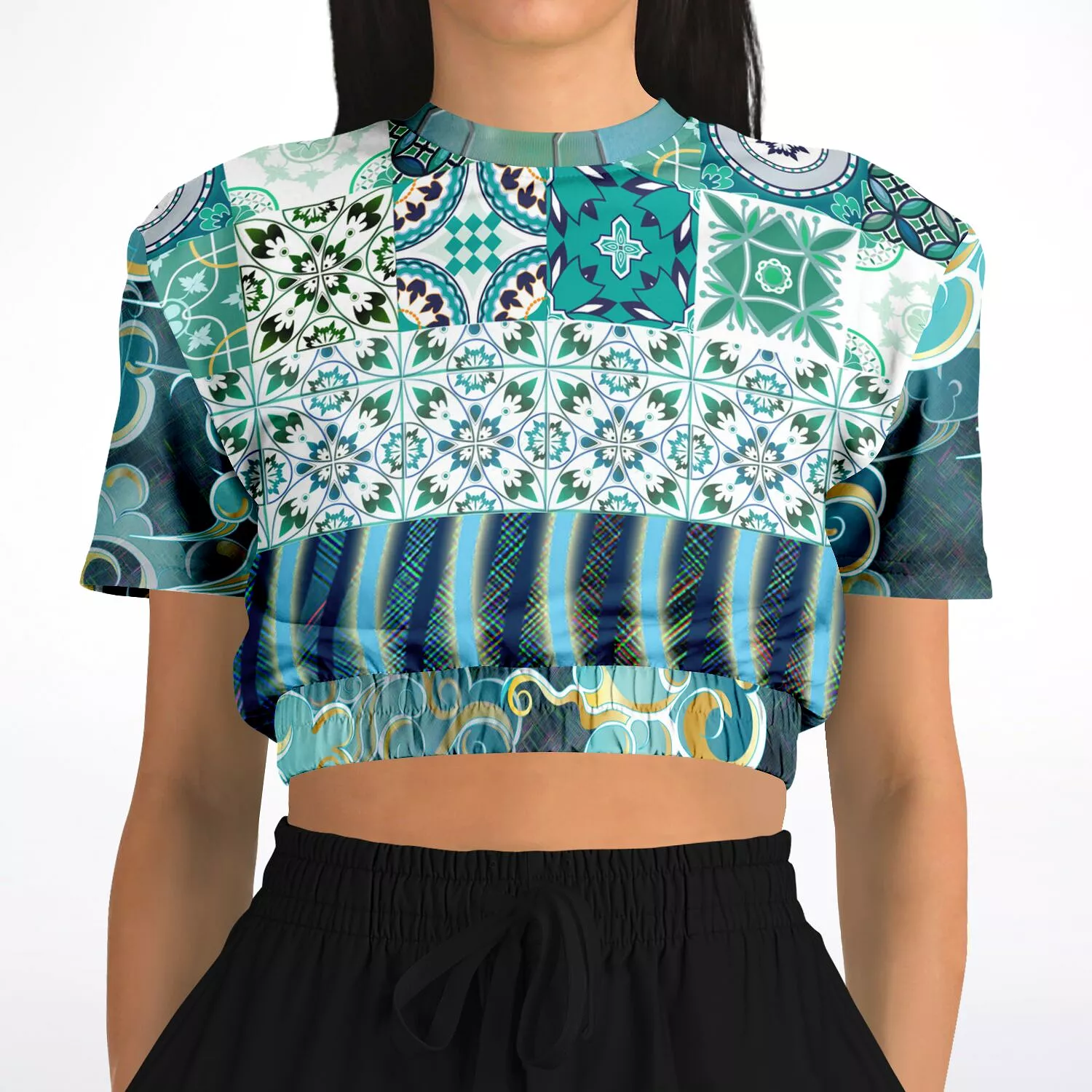 Green Meknes short sleeve cropped sweater made with eco-friendly polyester.