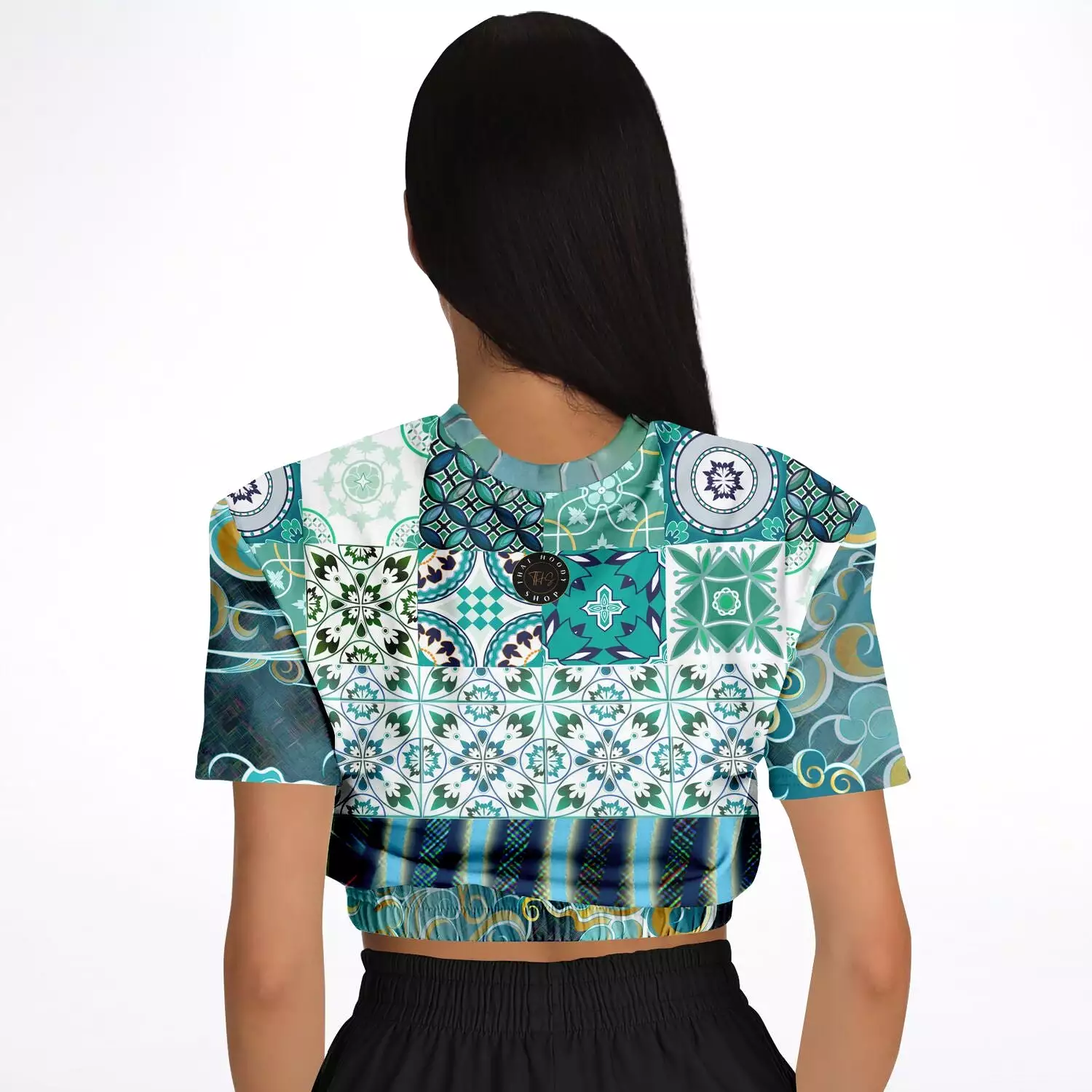 Green Meknes short sleeve cropped sweater made with eco-friendly polyester.