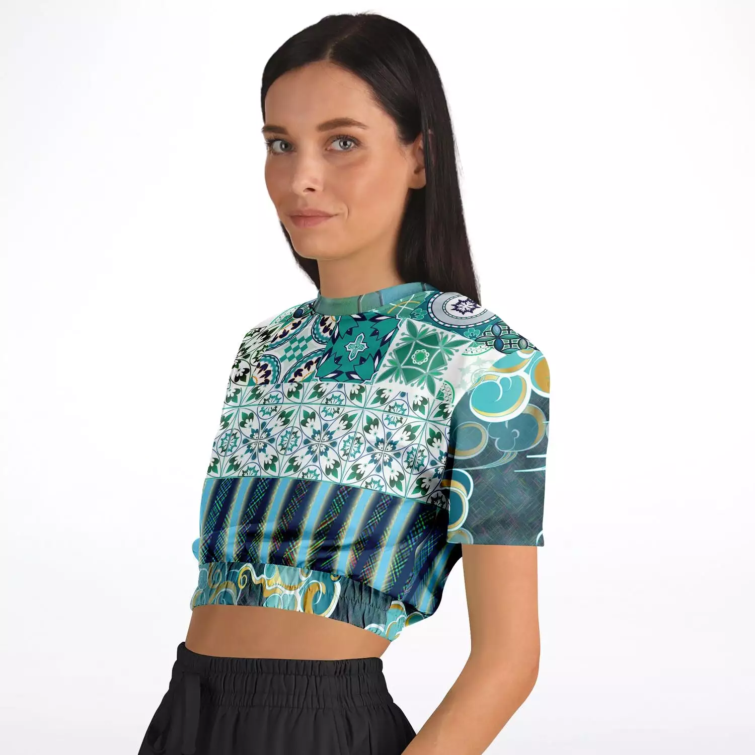 Green Meknes short sleeve cropped sweater made with eco-friendly polyester.