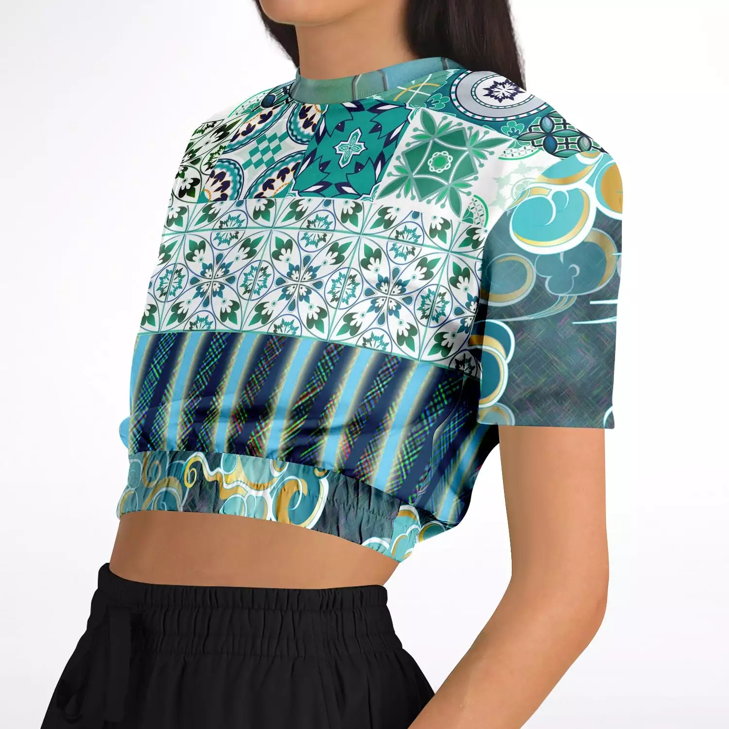 Green Meknes short sleeve cropped sweater made with eco-friendly polyester.