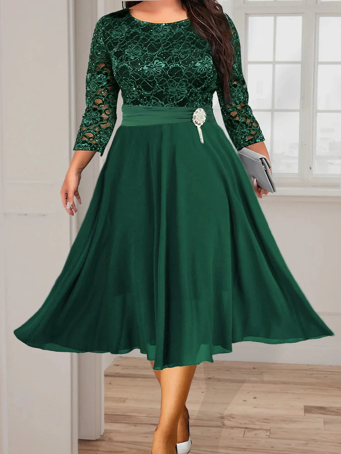 Green Party Dress for Plus Size Women - 3/4 Sleeves, V-Neck | Shop Now