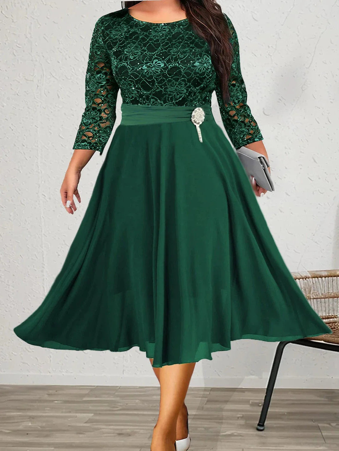 Green Party Dress for Plus Size Women - 3/4 Sleeves, V-Neck | Shop Now