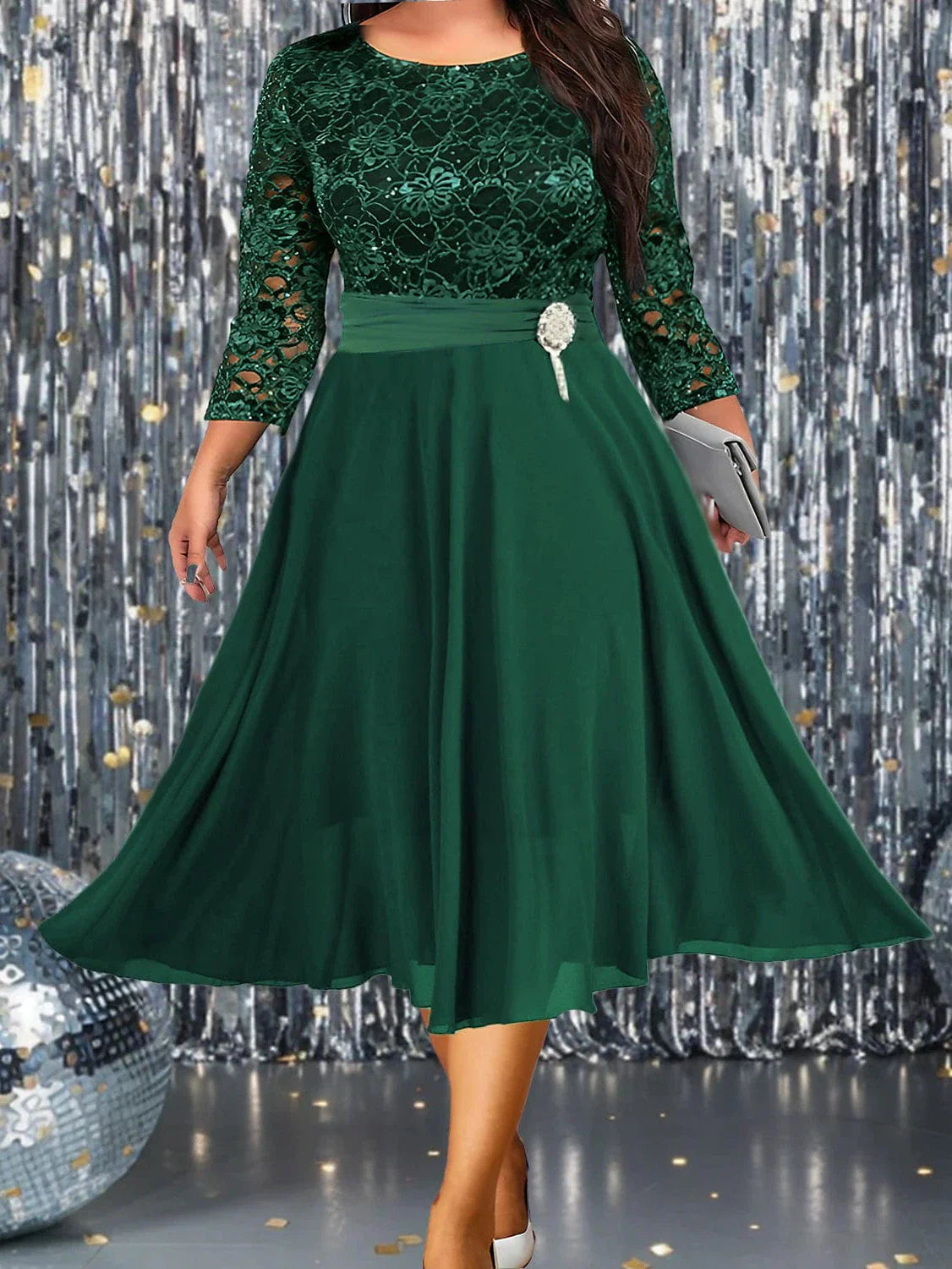 Green Party Dress for Plus Size Women - 3/4 Sleeves, V-Neck | Shop Now