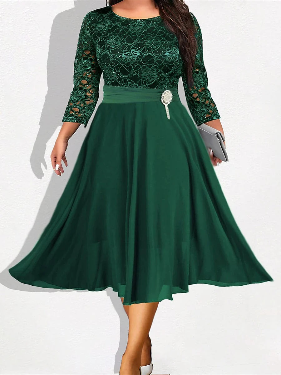 Green Party Dress for Plus Size Women - 3/4 Sleeves, V-Neck | Shop Now