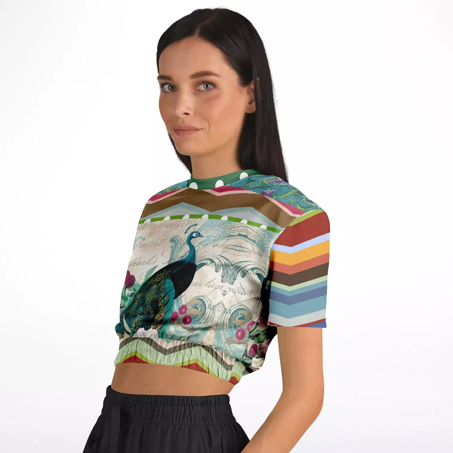 Green Peacock Crop Top Eco-Poly Sweater