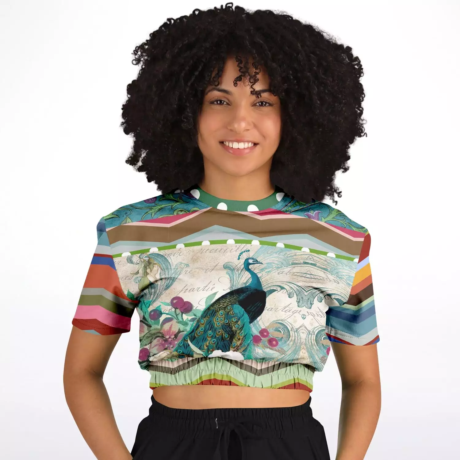 Green Peacock Crop Top Eco-Poly Sweater