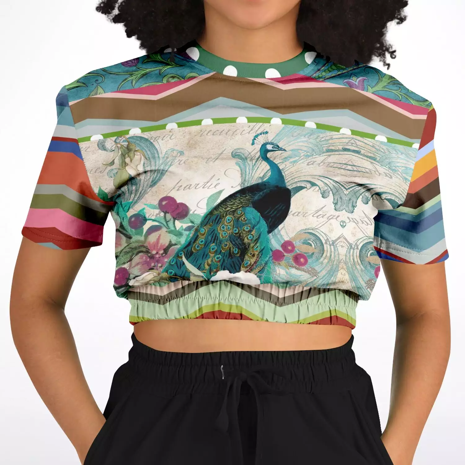 Green Peacock Crop Top Eco-Poly Sweater