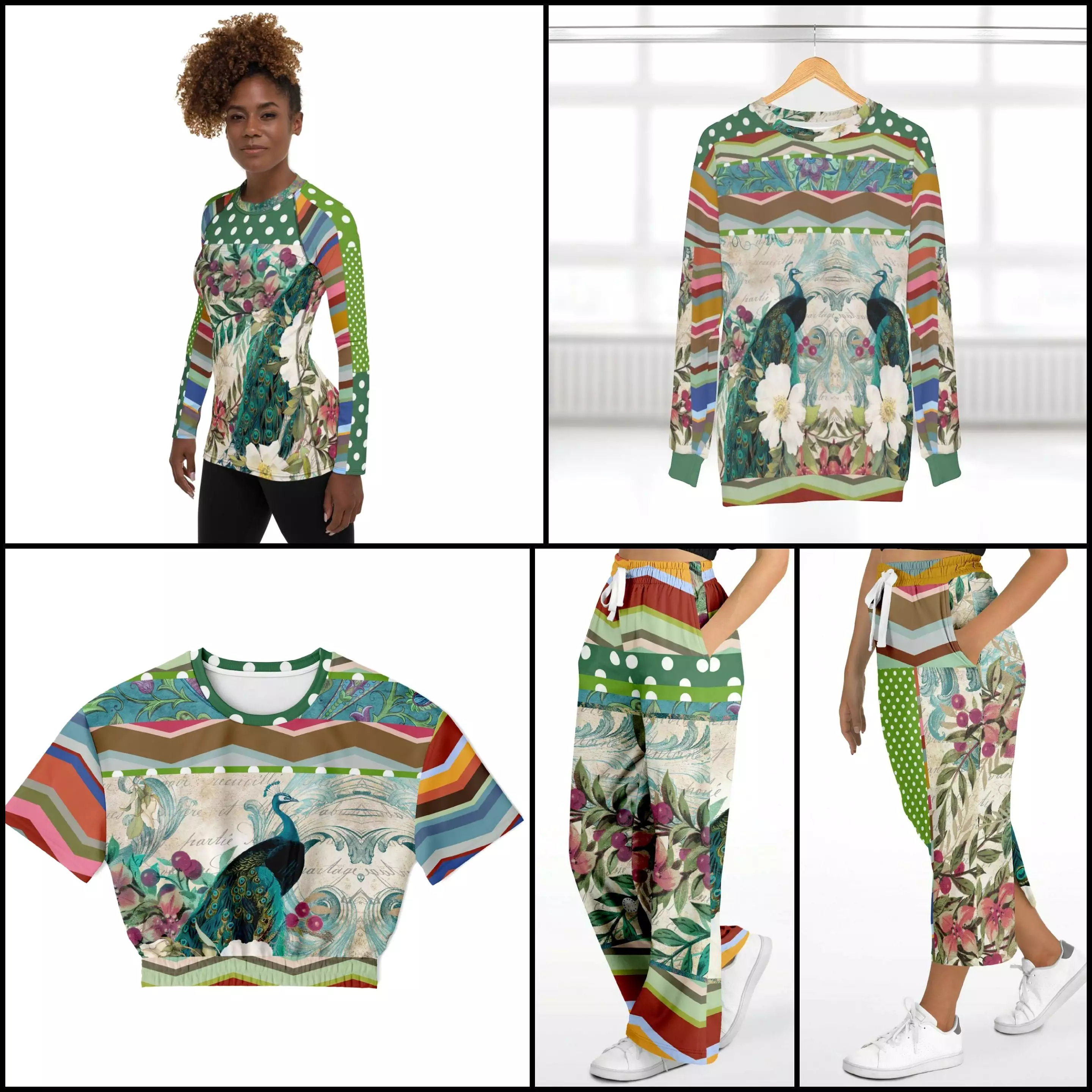 Green Peacock Crop Top Eco-Poly Sweater