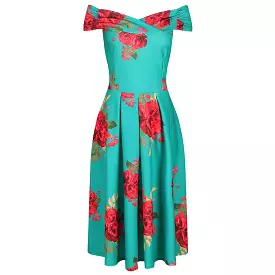 Green Rose Print Bardot Swing Dress