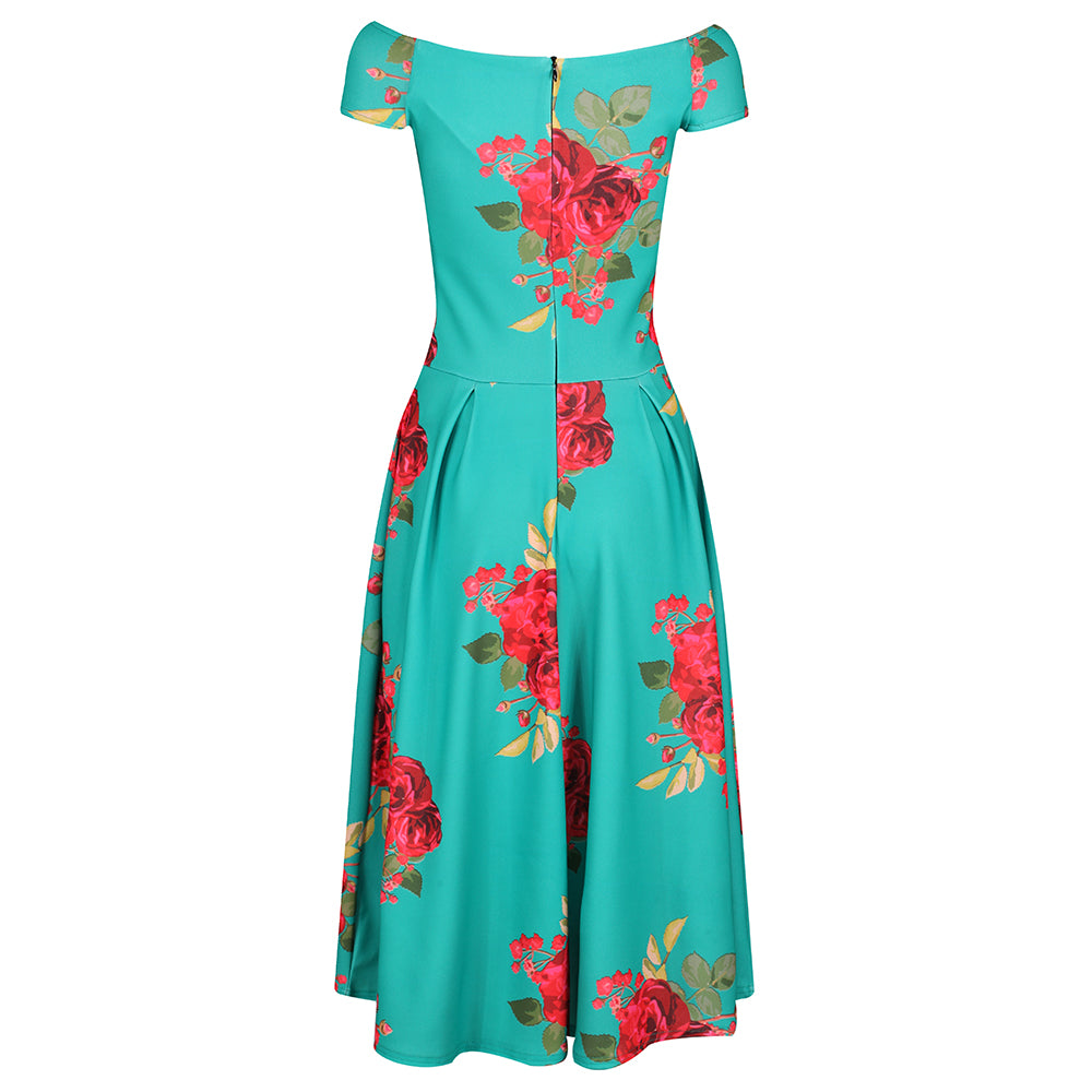 Green Rose Print Bardot Swing Dress