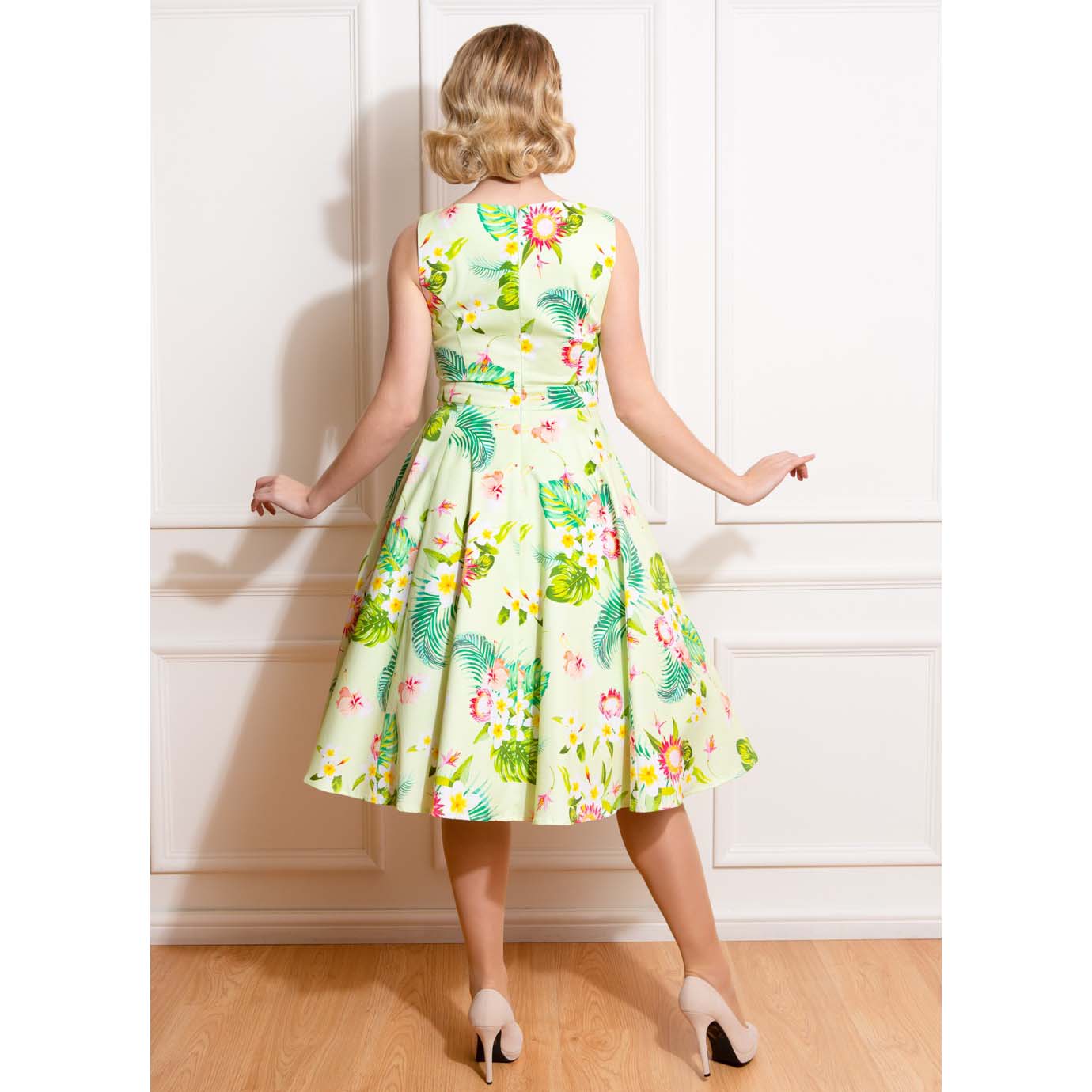 Green Tropical Floral Vintage 1950s Rockabilly Swing Dress