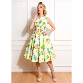 Green Tropical Floral Vintage 1950s Rockabilly Swing Dress