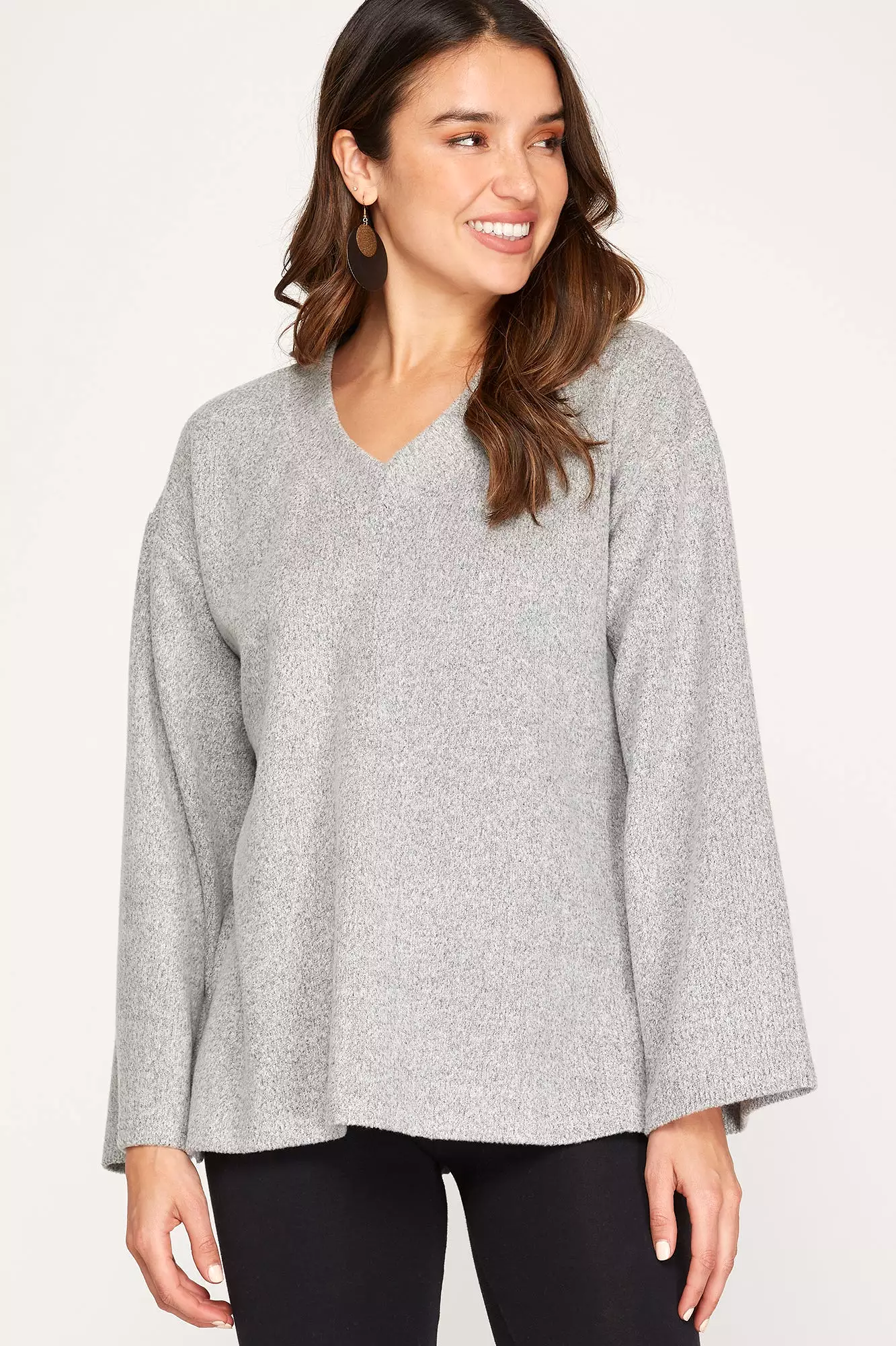 Grey Long Sleeve V-Neck Sweater