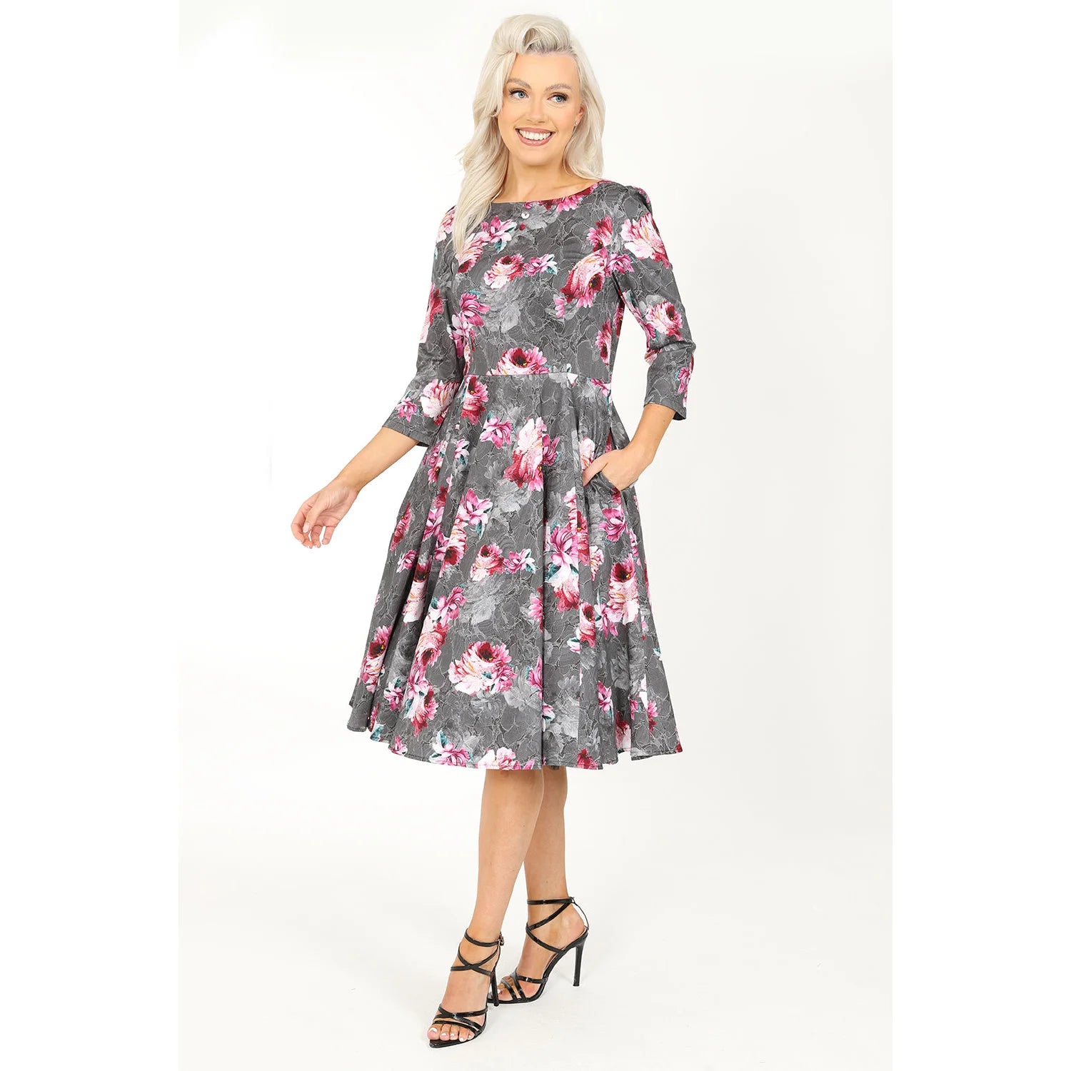 Grey Pink Floral Print Swing Tea Dress with Pockets - 3/4 Sleeve, 50-inch