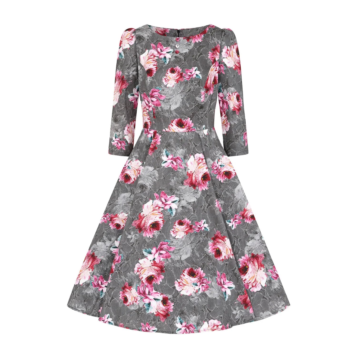 Grey Pink Floral Print Swing Tea Dress with Pockets - 3/4 Sleeve, 50-inch