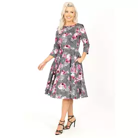 Grey Pink Floral Print Swing Tea Dress with Pockets - 3/4 Sleeve, 50-inch