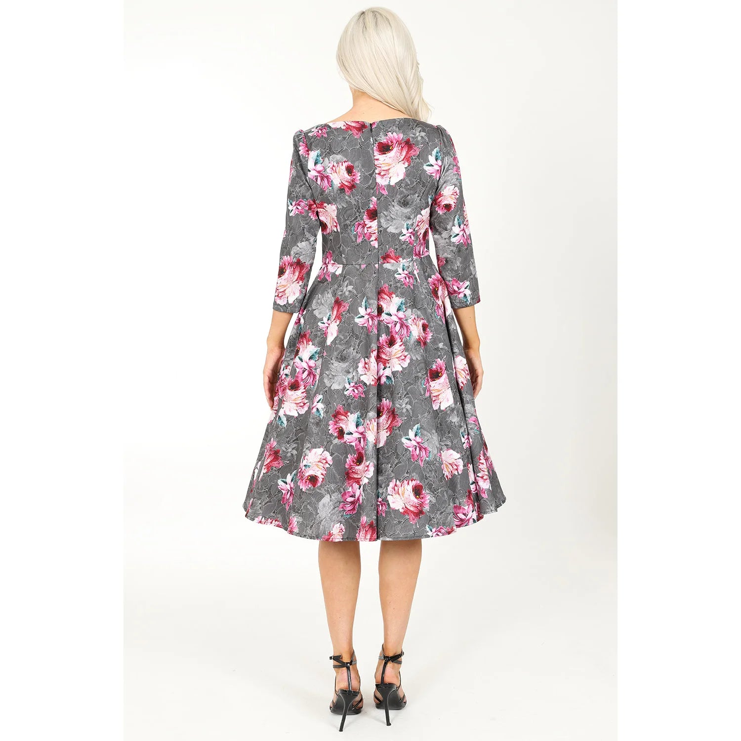 Grey Pink Floral Print Swing Tea Dress with Pockets - 3/4 Sleeve, 50-inch