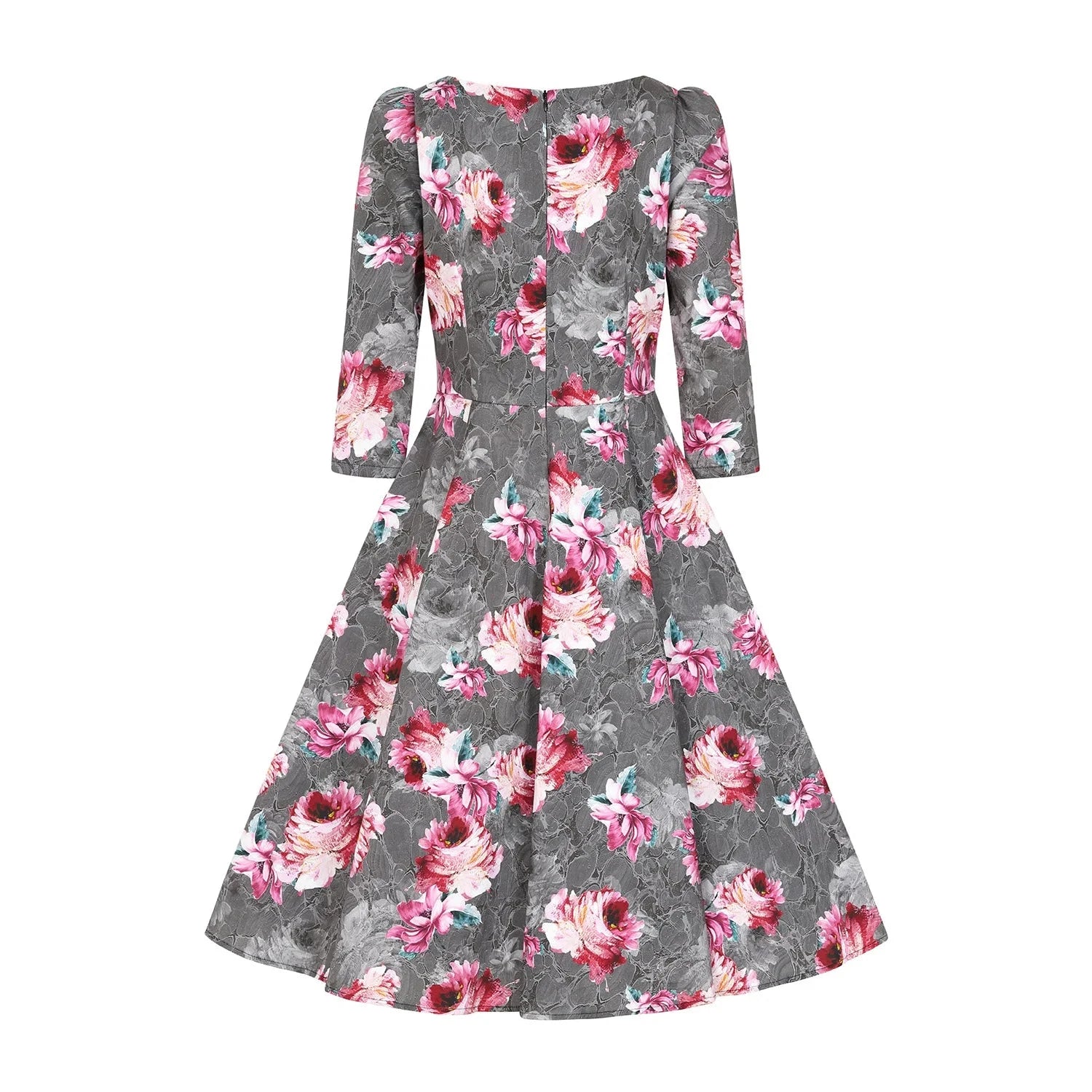 Grey Pink Floral Print Swing Tea Dress with Pockets - 3/4 Sleeve, 50-inch