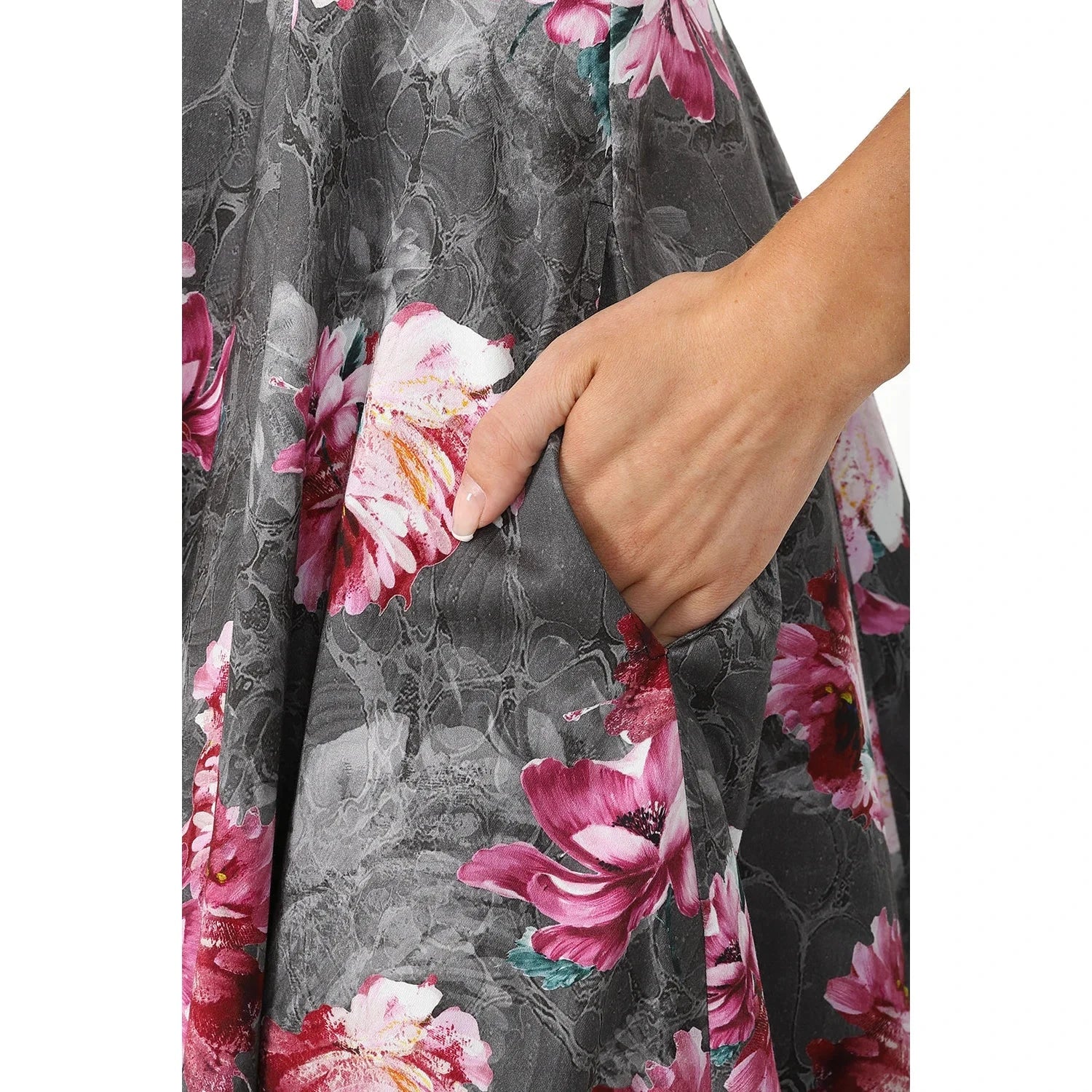 Grey Pink Floral Print Swing Tea Dress with Pockets - 3/4 Sleeve, 50-inch