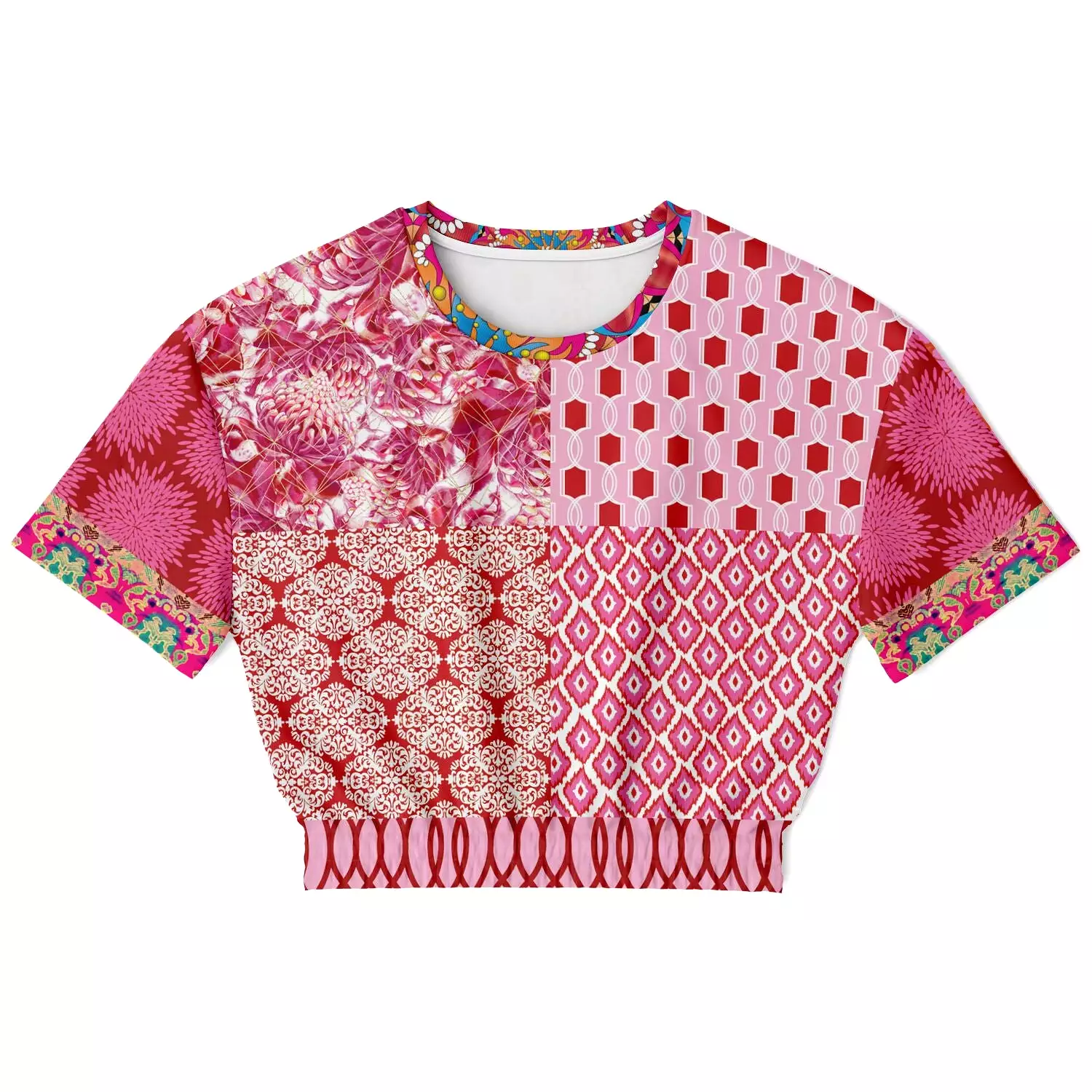 Gypsy Beat Pink Patchwork Sweater - Short Sleeve, Cropped, Eco-Poly Blend