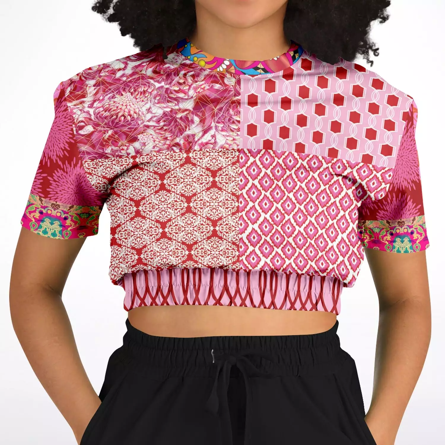 Gypsy Beat Pink Patchwork Sweater - Short Sleeve, Cropped, Eco-Poly Blend