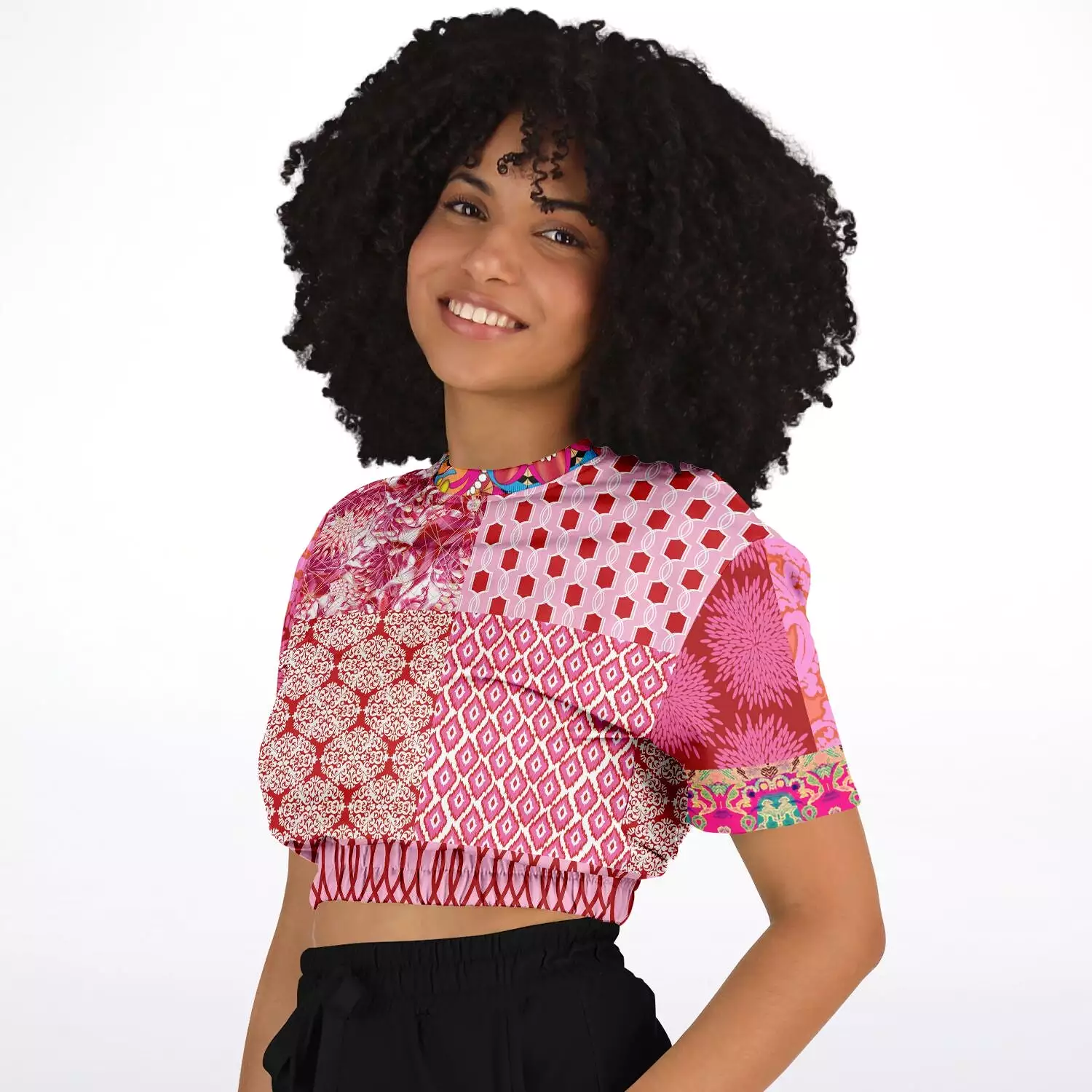 Gypsy Beat Pink Patchwork Sweater - Short Sleeve, Cropped, Eco-Poly Blend