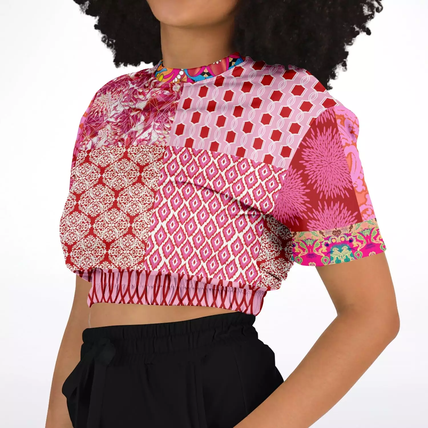 Gypsy Beat Pink Patchwork Sweater - Short Sleeve, Cropped, Eco-Poly Blend