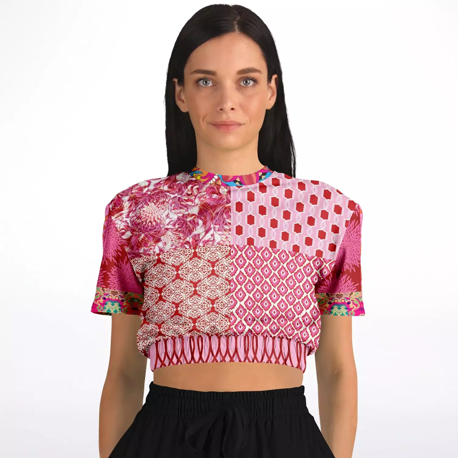 Gypsy Beat Pink Patchwork Sweater - Short Sleeve, Cropped, Eco-Poly Blend