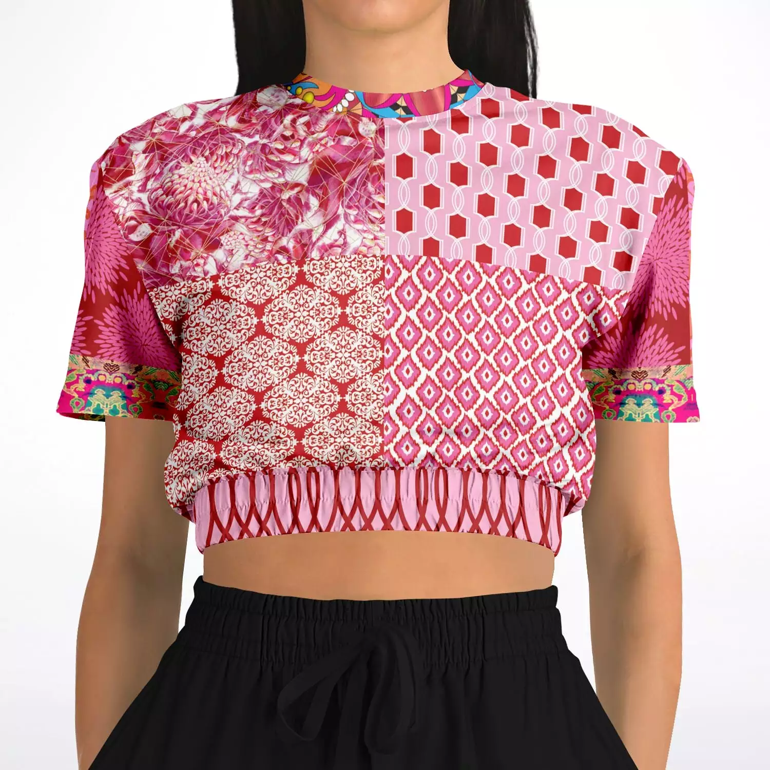 Gypsy Beat Pink Patchwork Sweater - Short Sleeve, Cropped, Eco-Poly Blend