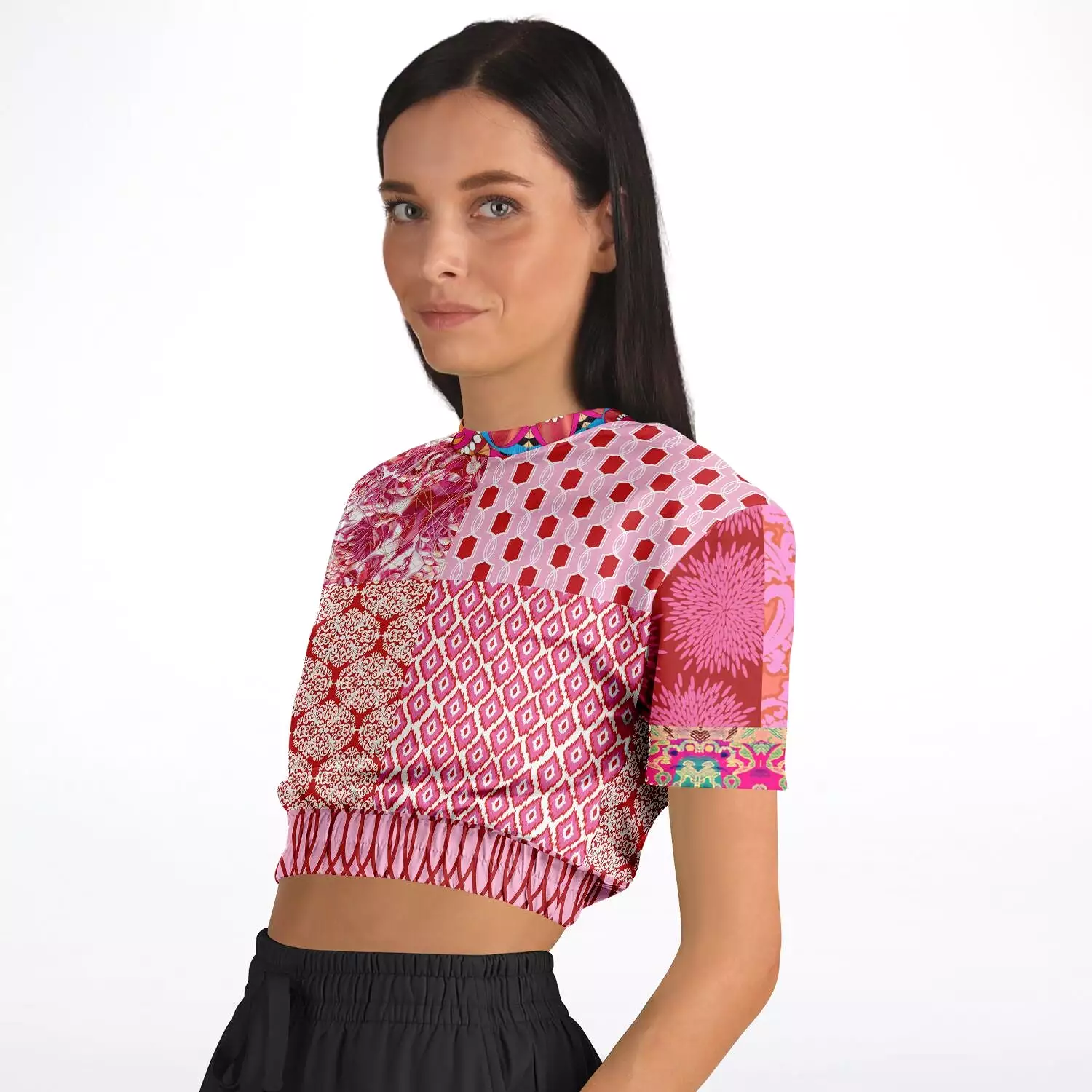 Gypsy Beat Pink Patchwork Sweater - Short Sleeve, Cropped, Eco-Poly Blend