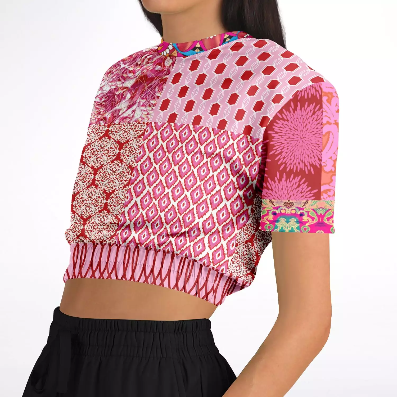 Gypsy Beat Pink Patchwork Sweater - Short Sleeve, Cropped, Eco-Poly Blend